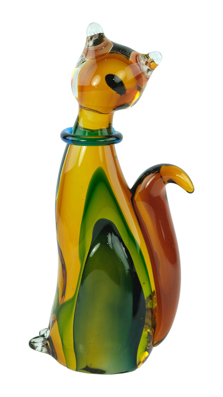 Colourful glass sculpture of a sitting cat