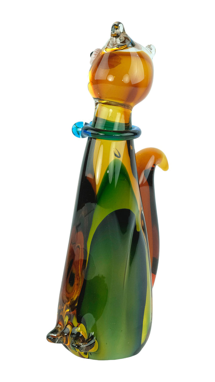 Colourful glass sculpture of a sitting cat