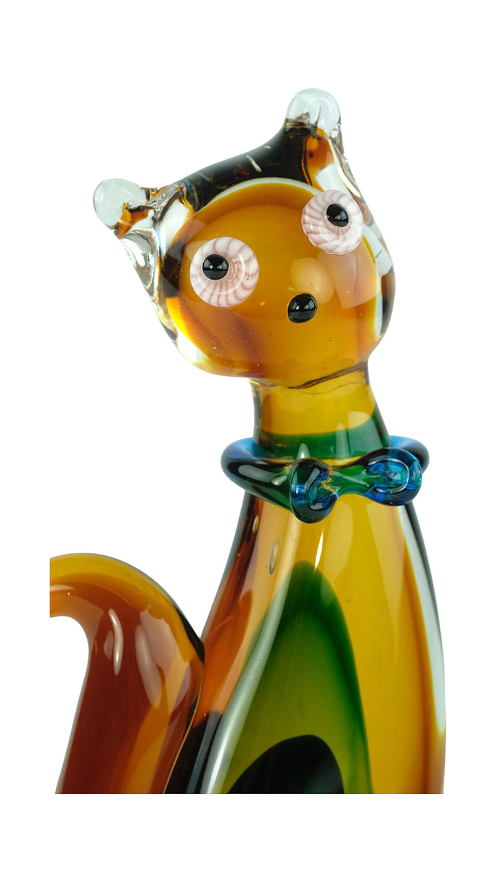 Colourful glass sculpture of a sitting cat
