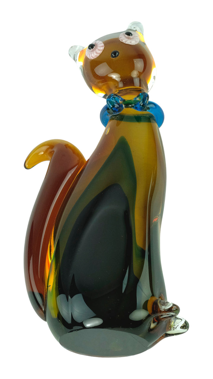 Colourful glass sculpture of a sitting cat