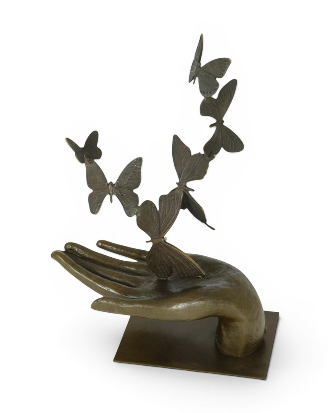 Moderne Bronzeskulptur einer Hand, die Schmetterlinge freigibt