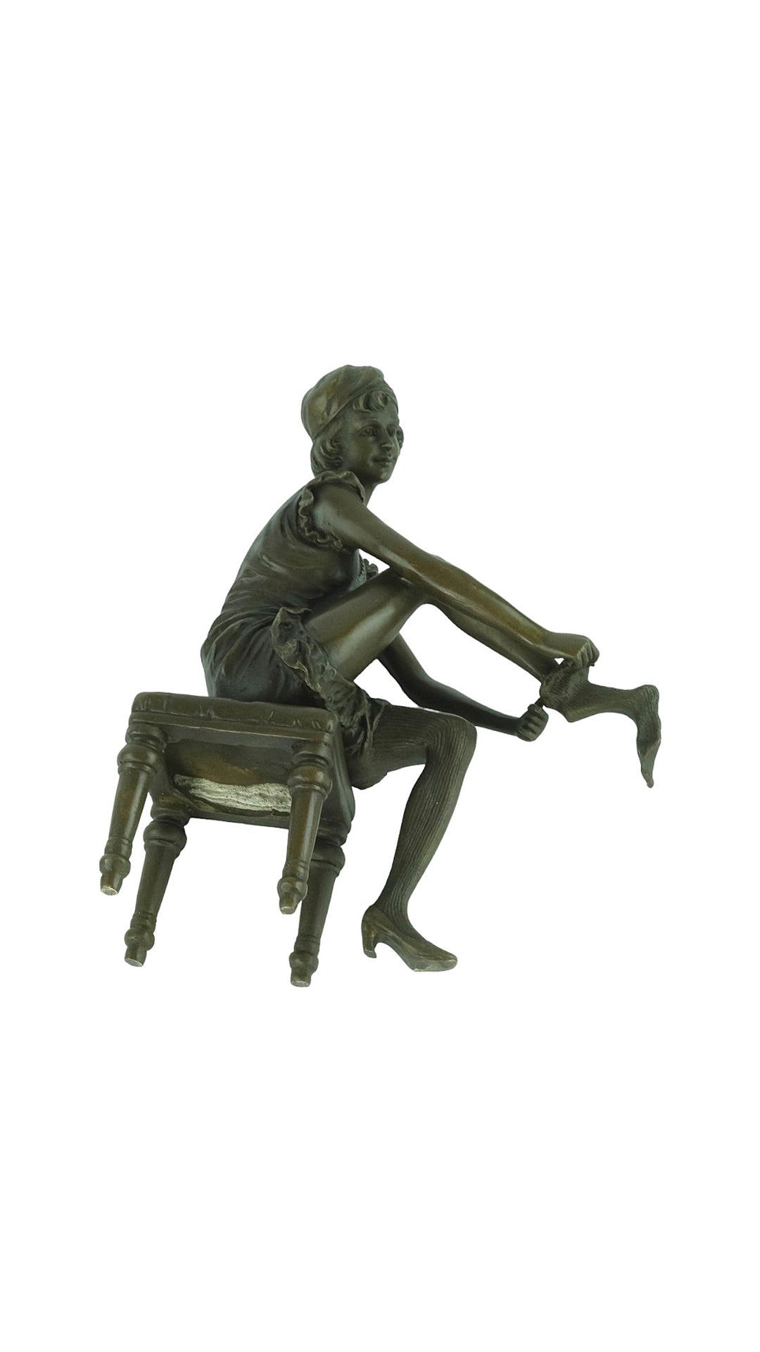 Bronze sculpture of a sitting female putting on stockings