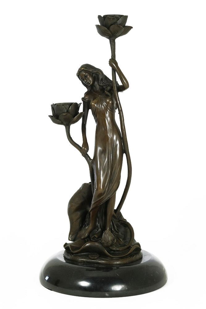 Bronze candle holder of a female with flowers - in Art Nouveau style