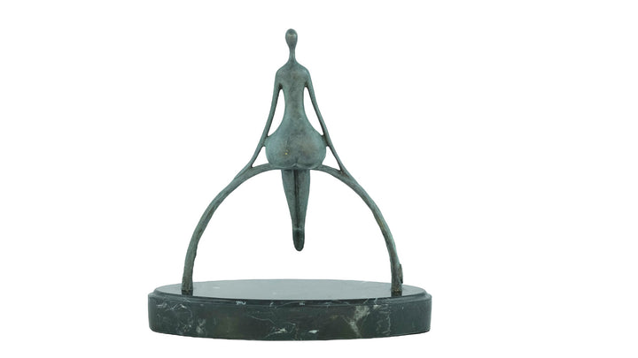Modern bronze sculpture of a female sitting on a bow
