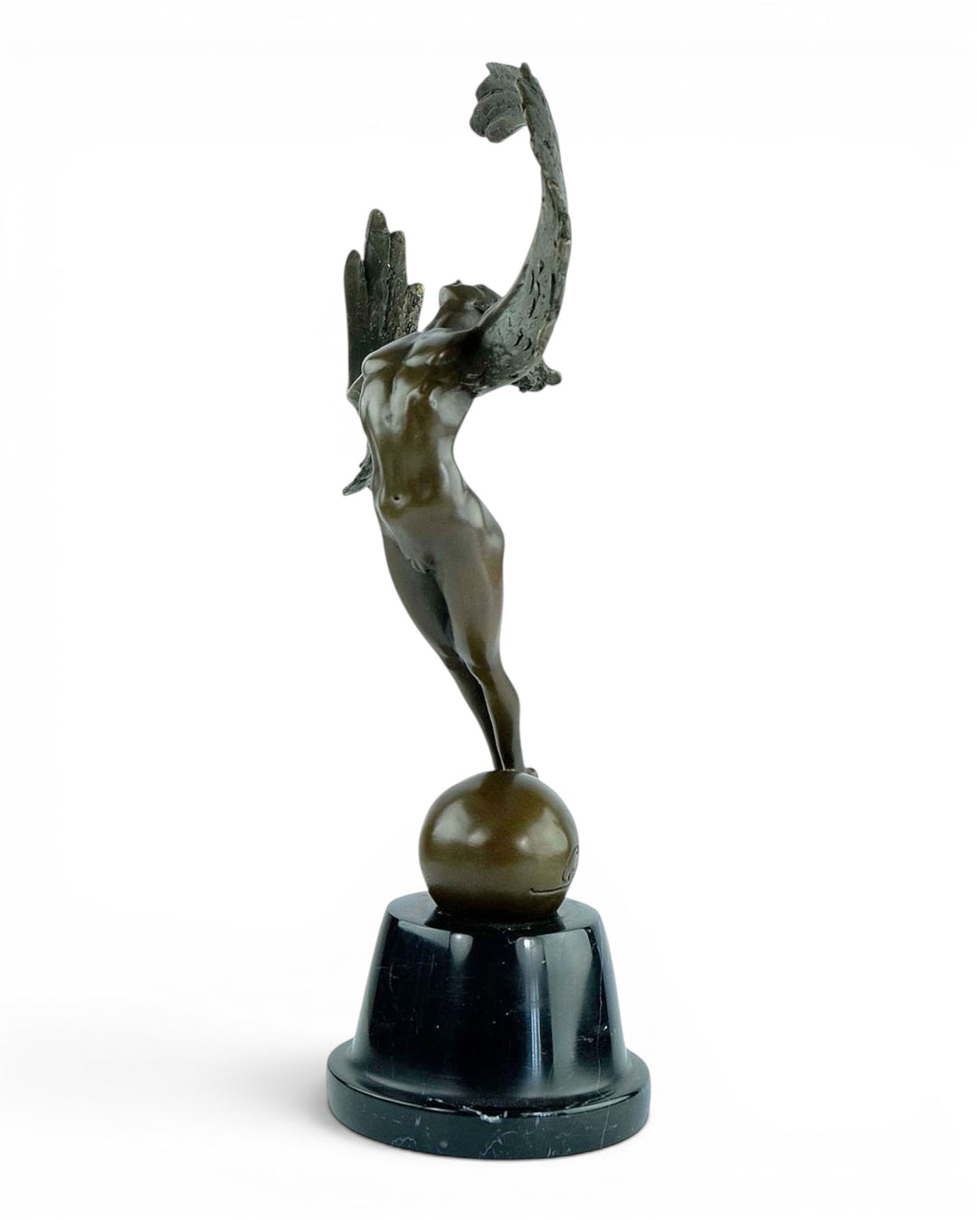 Bronze sculpture of a winged female in rising motion