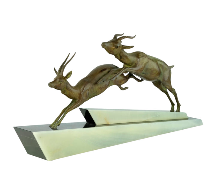 Art Deco beeld van twee springende gazellen door Longfils