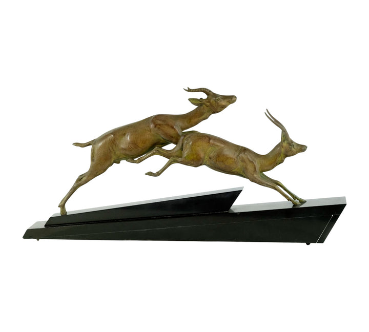 Art Deco beeld van twee springende gazellen door Longfils