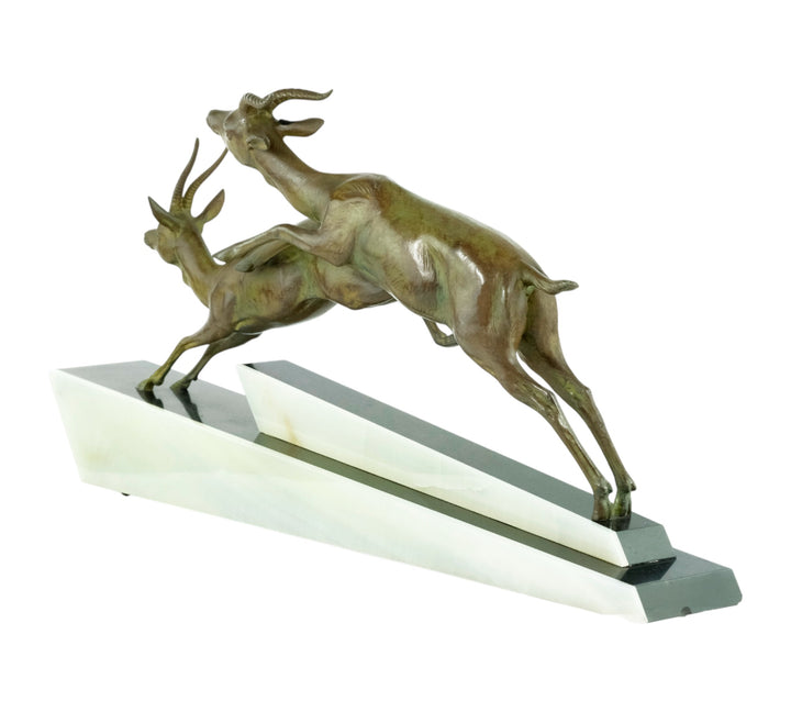 Art Deco beeld van twee springende gazellen door Longfils