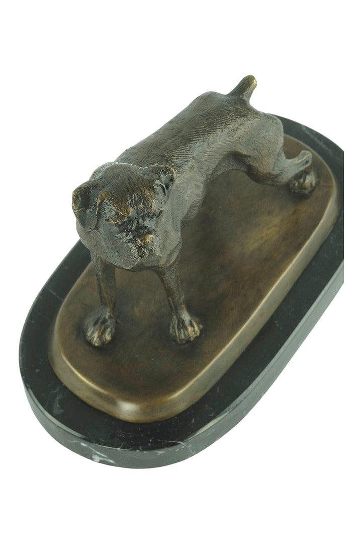 Bronze sculpture of a standing boxer dog