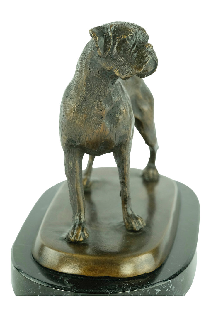 Bronze sculpture of a standing boxer dog