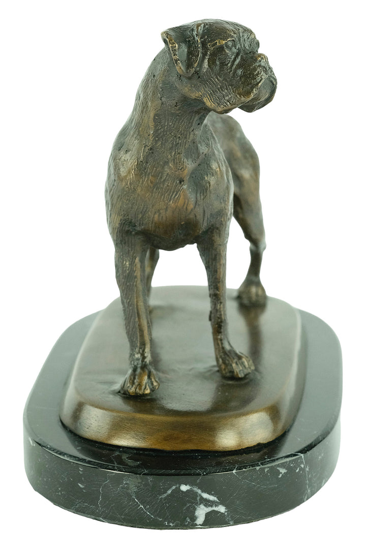 Bronze sculpture of a standing boxer dog