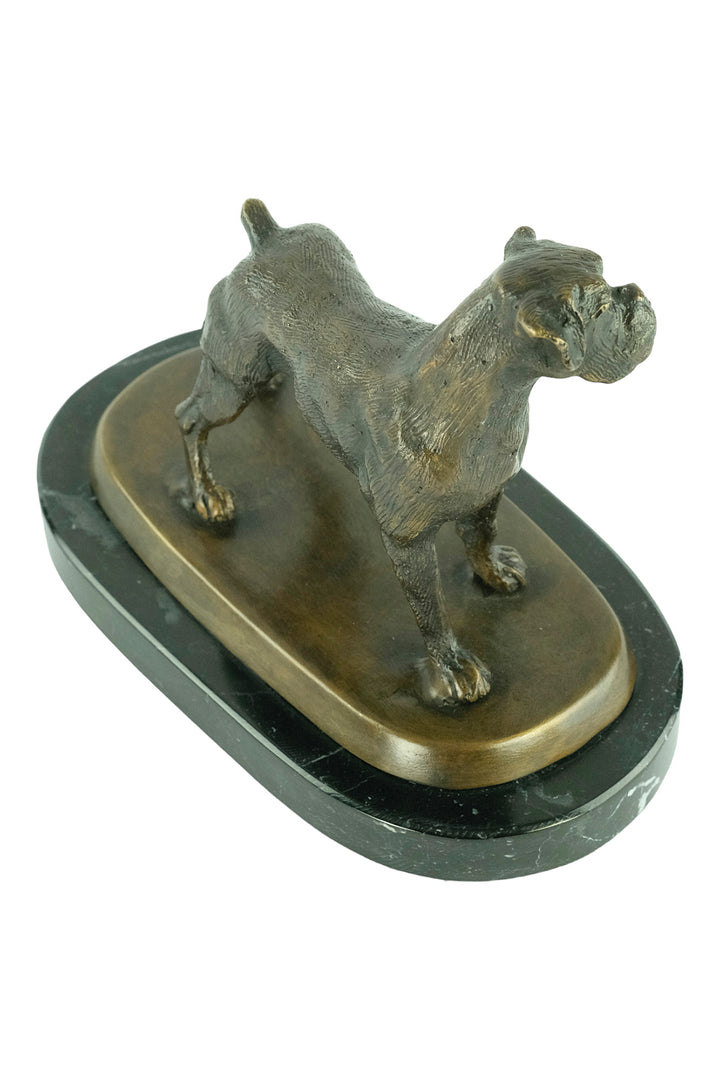 Bronze sculpture of a standing boxer dog