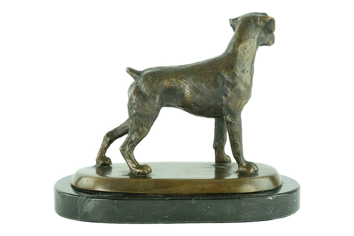 Bronze sculpture of a standing boxer dog