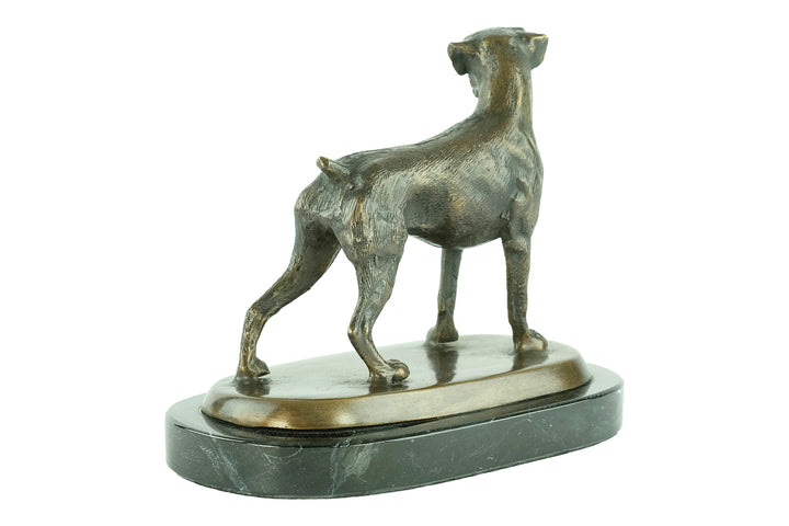 Bronze sculpture of a standing boxer dog