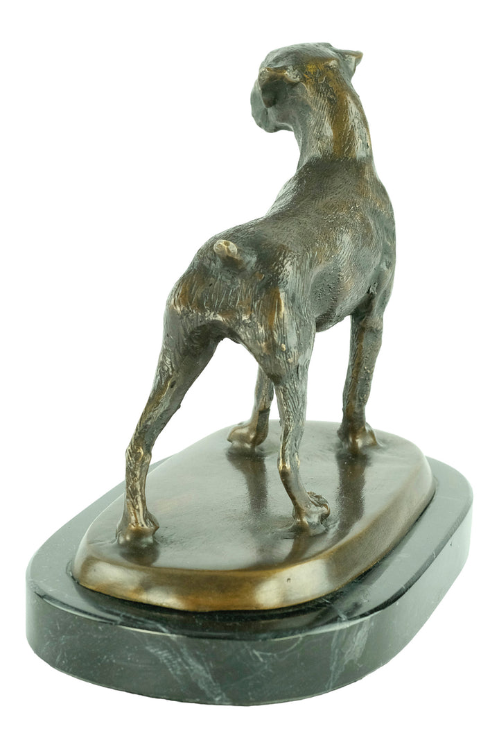 Bronze sculpture of a standing boxer dog