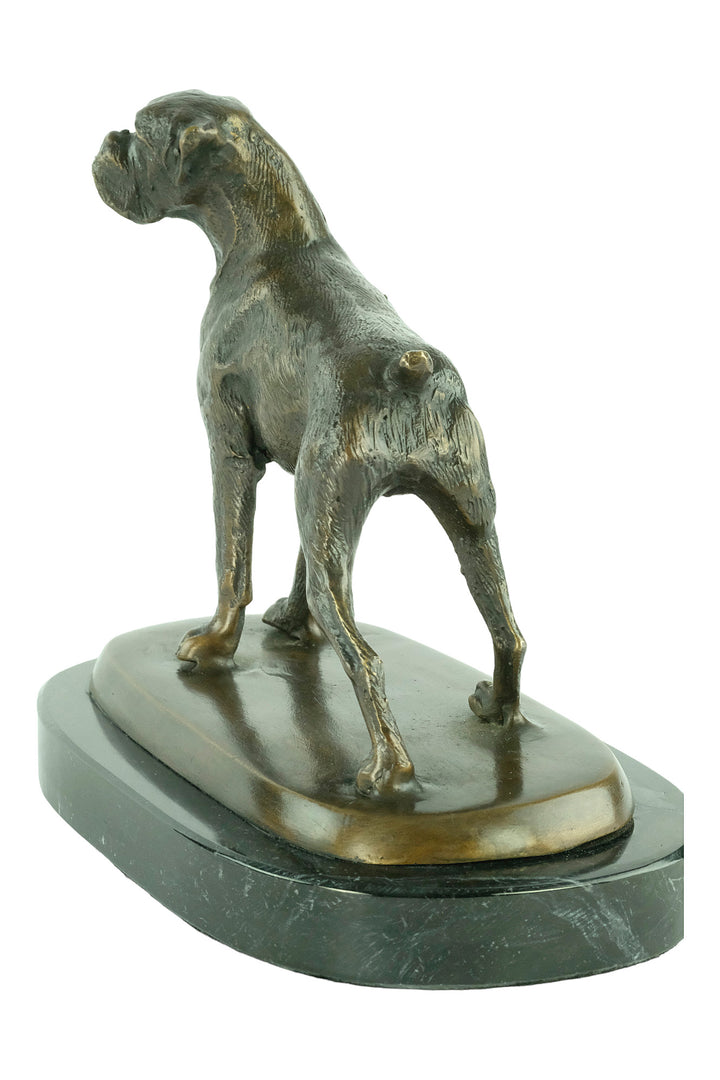 Bronze sculpture of a standing boxer dog