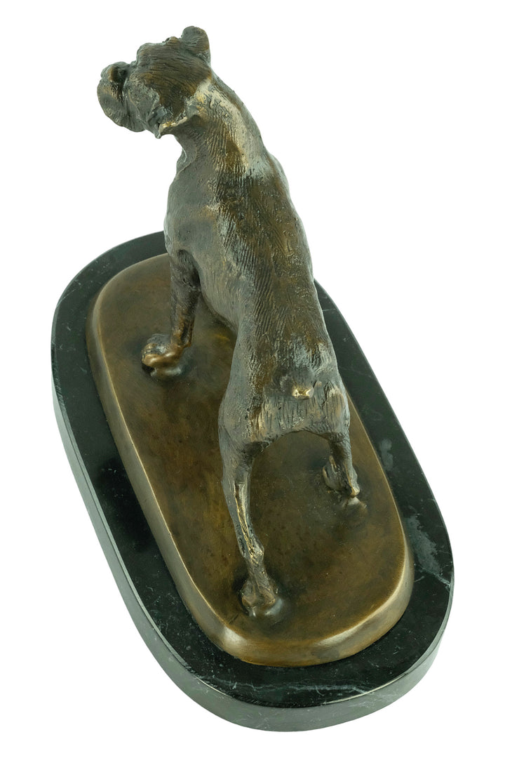 Bronze sculpture of a standing boxer dog