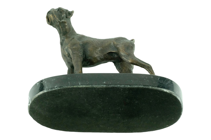 Bronze sculpture of a standing boxer dog