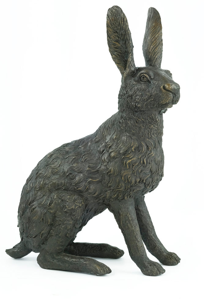 Bronze sculpture of a sitting hare with pricked ears
