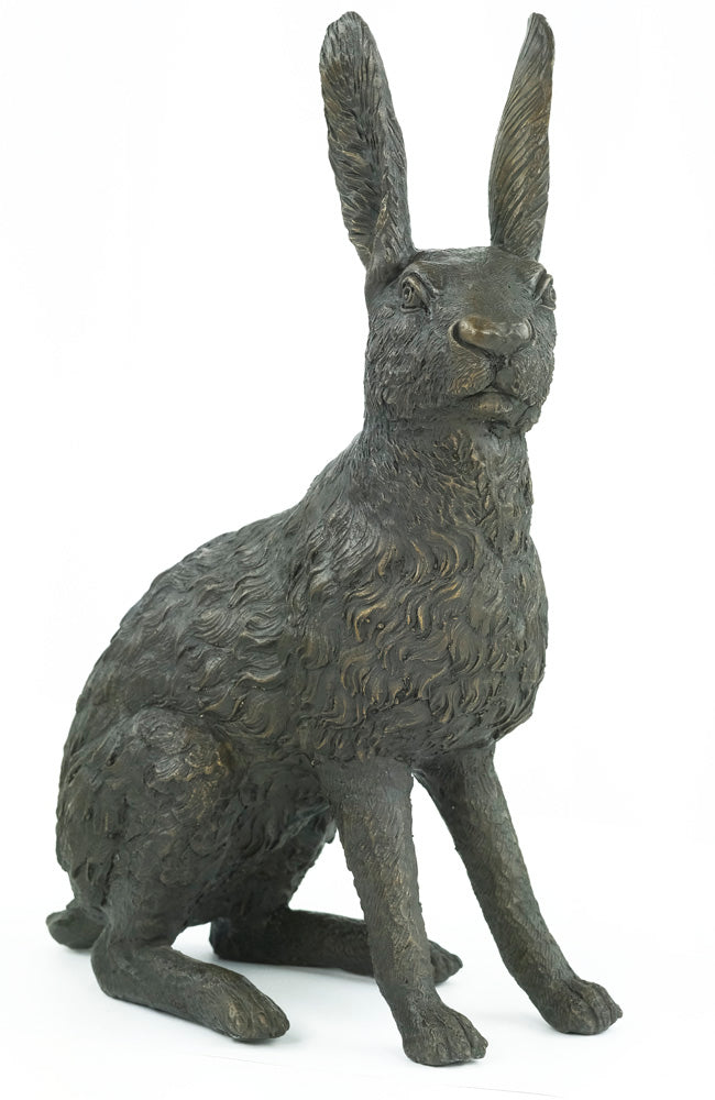 Bronze sculpture of a sitting hare with pricked ears