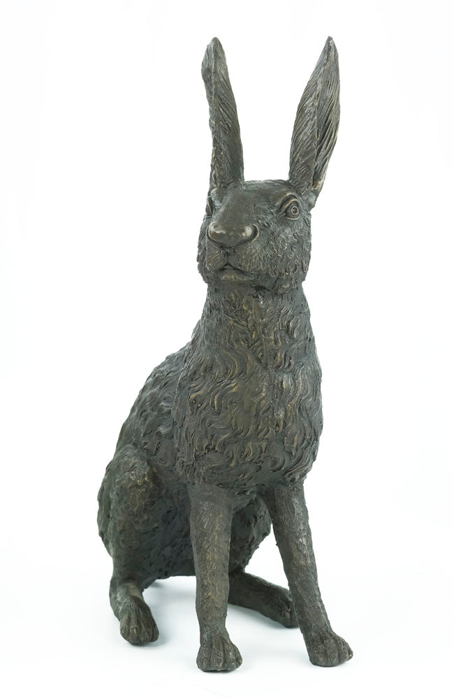 Bronze sculpture of a sitting hare with pricked ears