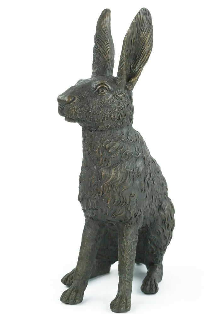 Bronze sculpture of a sitting hare with pricked ears