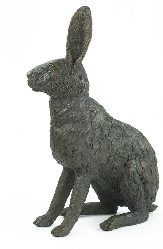 Bronze sculpture of a sitting hare with pricked ears