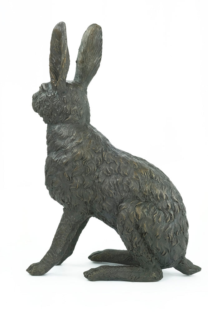 Bronze sculpture of a sitting hare with pricked ears