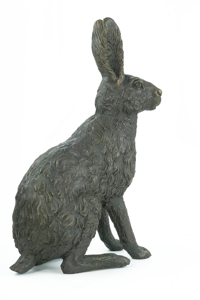 Bronze sculpture of a sitting hare with pricked ears
