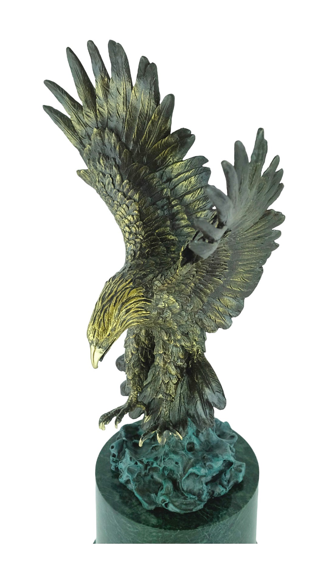 Large bronze sculpture of a fishing eagle with wings spread