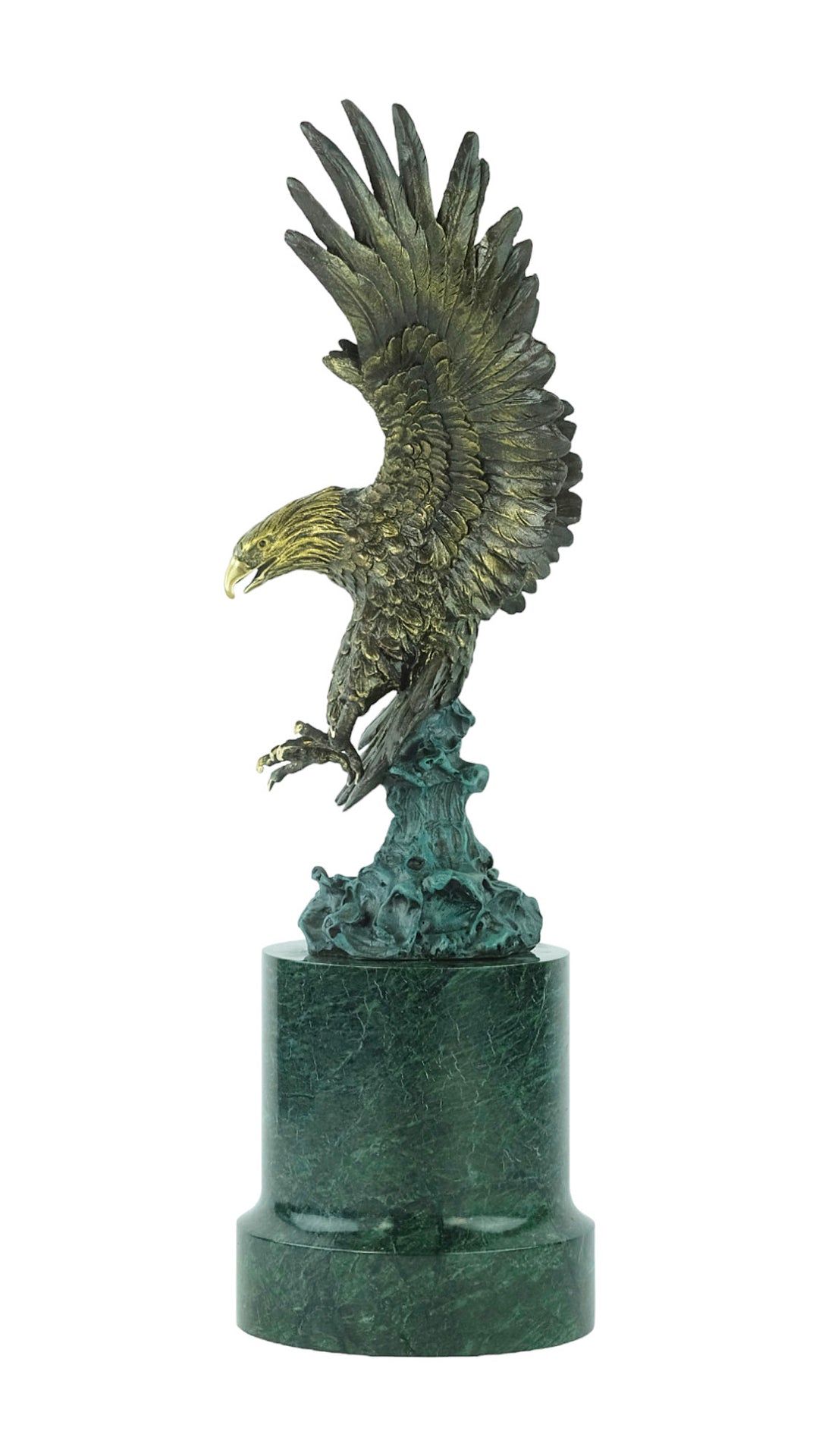 Large bronze sculpture of a fishing eagle with wings spread