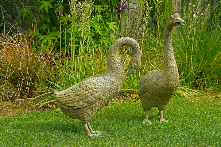 Lifesize bronze geese couple - green patina