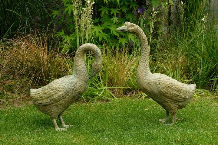 Lifesize bronze geese couple - green patina