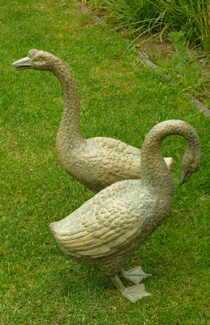 Lifesize bronze geese couple - green patina