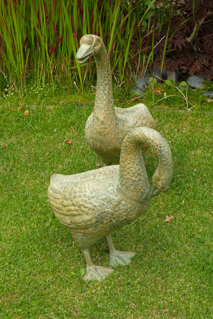 Lifesize bronze geese couple - green patina