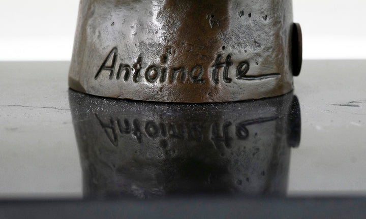 Escultura de bronce de un gato descansando en una mano