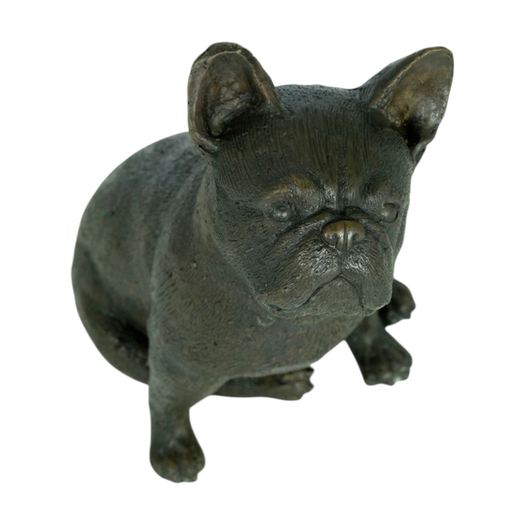 Bronze sculpture of a sitting French Bulldog with a warm brown patina, ideal decor for dog lovers.