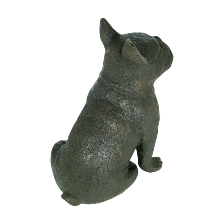 Bronze sculpture of a sitting French Bulldog from behind, showcasing its warm brown patina and detailed texture.