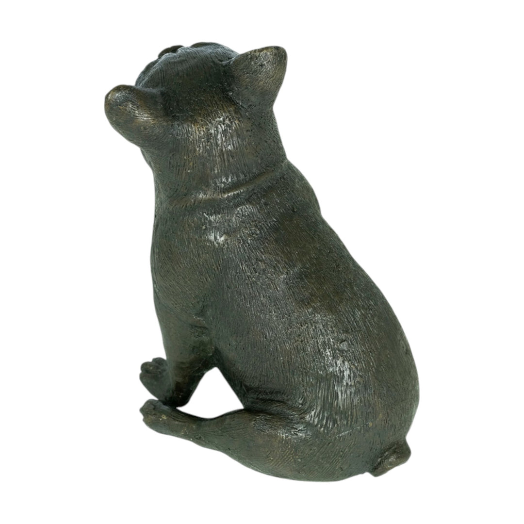 Back view of a bronze sculpture of a sitting French Bulldog, decorative art for dog lovers.