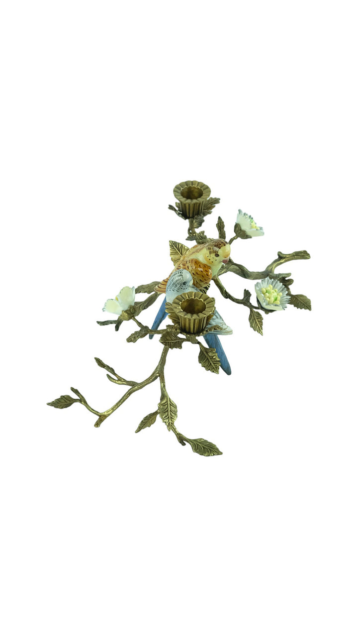 Bronze mounted porcelain candle stand with birds and flowers