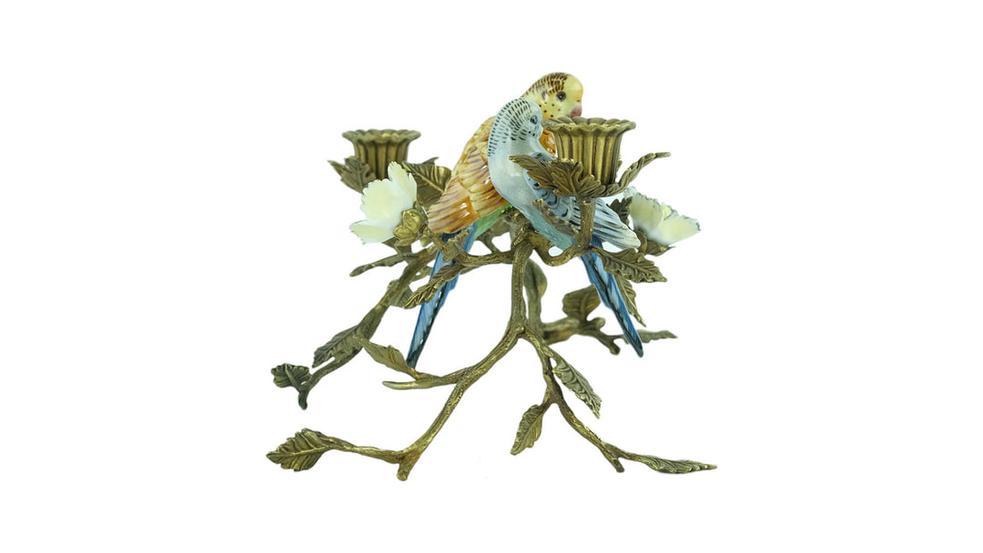 Bronze mounted porcelain candle stand with birds and flowers