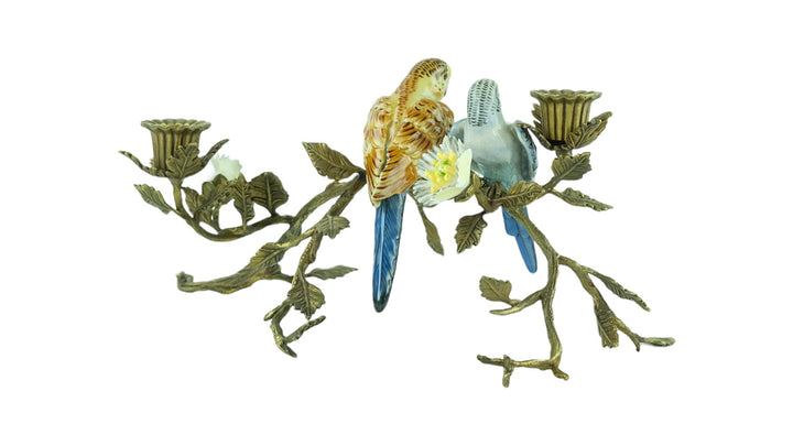 Bronze mounted porcelain candle stand with birds and flowers