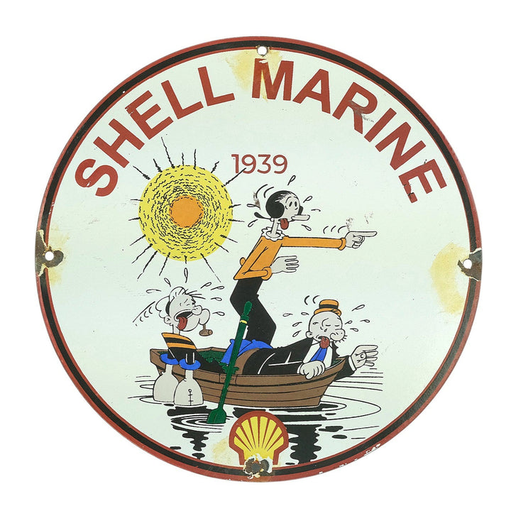 Metal sign with enamel decoration of Shell Marine with Popeye