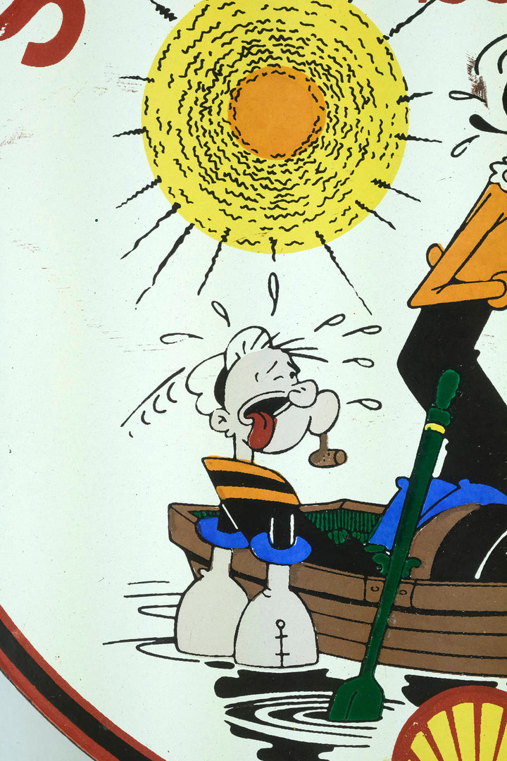 Metal sign with enamel decoration of Shell Marine with Popeye