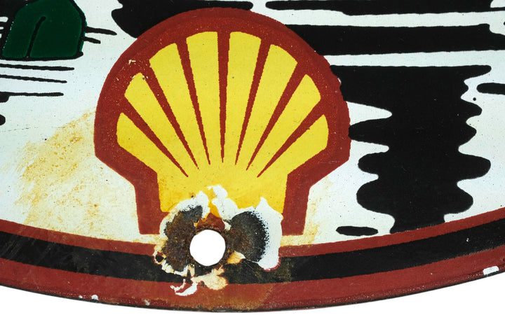 Metal sign with enamel decoration of Shell Marine with Popeye