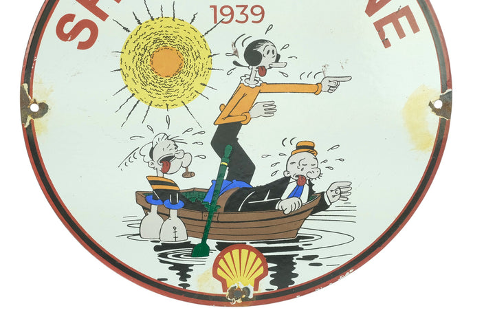 Metal sign with enamel decoration of Shell Marine with Popeye