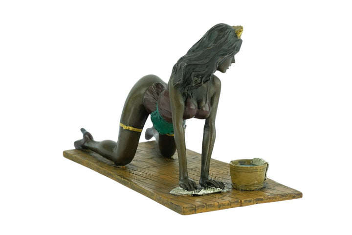 Erotic bronze sculpture of a female scrubbing the floor