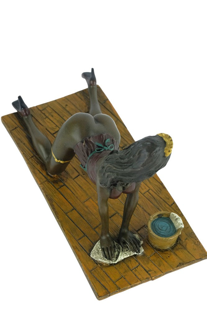 Erotic bronze sculpture of a female scrubbing the floor