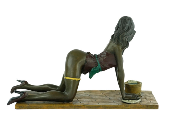 Erotic bronze sculpture of a female scrubbing the floor