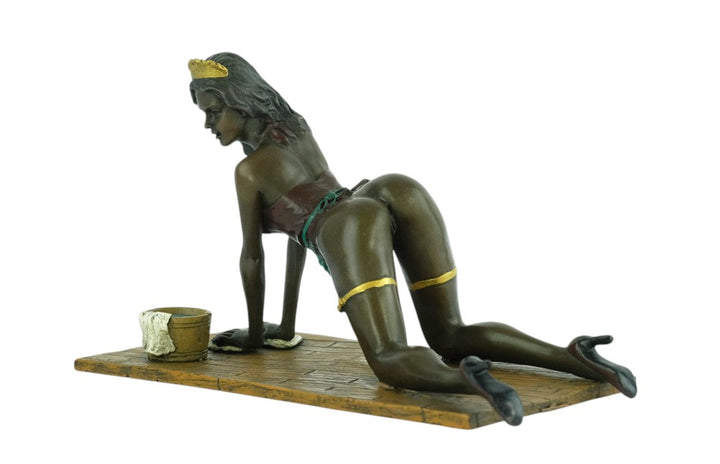 Erotic bronze sculpture of a female scrubbing the floor